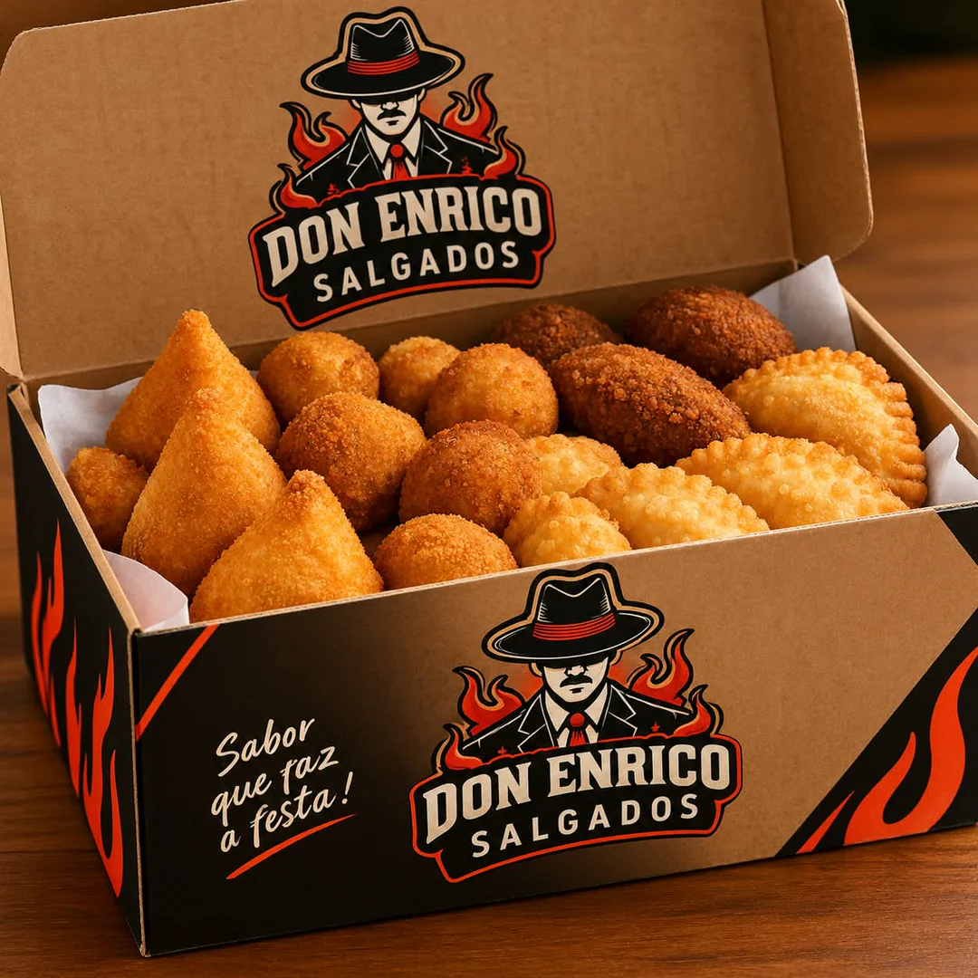 Ilustração de uma caixa de papelão aberta com a marca Don Enrico, cheia de coxinhas, bolinhas de queijo, croquetes e pastéis fritos